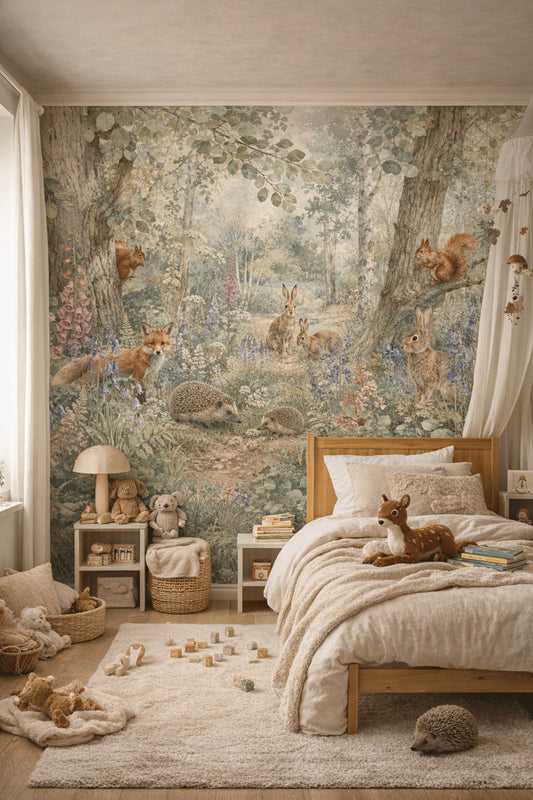 Woodland cream woodland animals featuring wildflowers - Wall Mural Peel and Stick Wallpaper for Woodland / Forest Kids Bedroom.