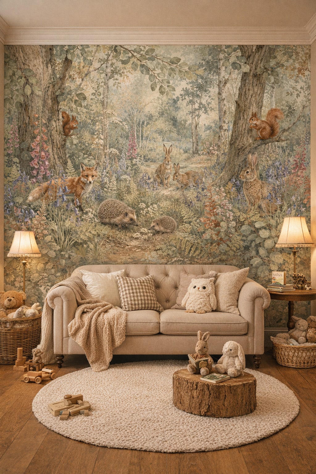 Classic Storybook sage woodland animals featuring wildflowers - Wall Mural Peel and Stick Wallpaper for Classic Storybook Reading Corner.