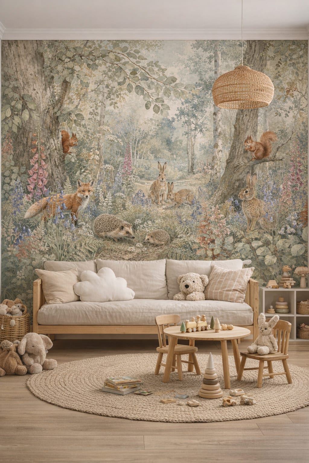 Scandi Kids white woodland animals featuring wildflowers - Wall Mural Peel and Stick Wallpaper for Scandi Kids Playroom.