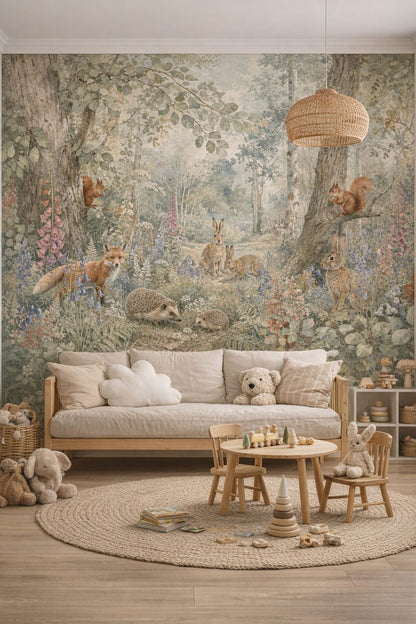 Scandi Kids white woodland animals featuring wildflowers - Wall Mural Peel and Stick Wallpaper for Scandi Kids Playroom.