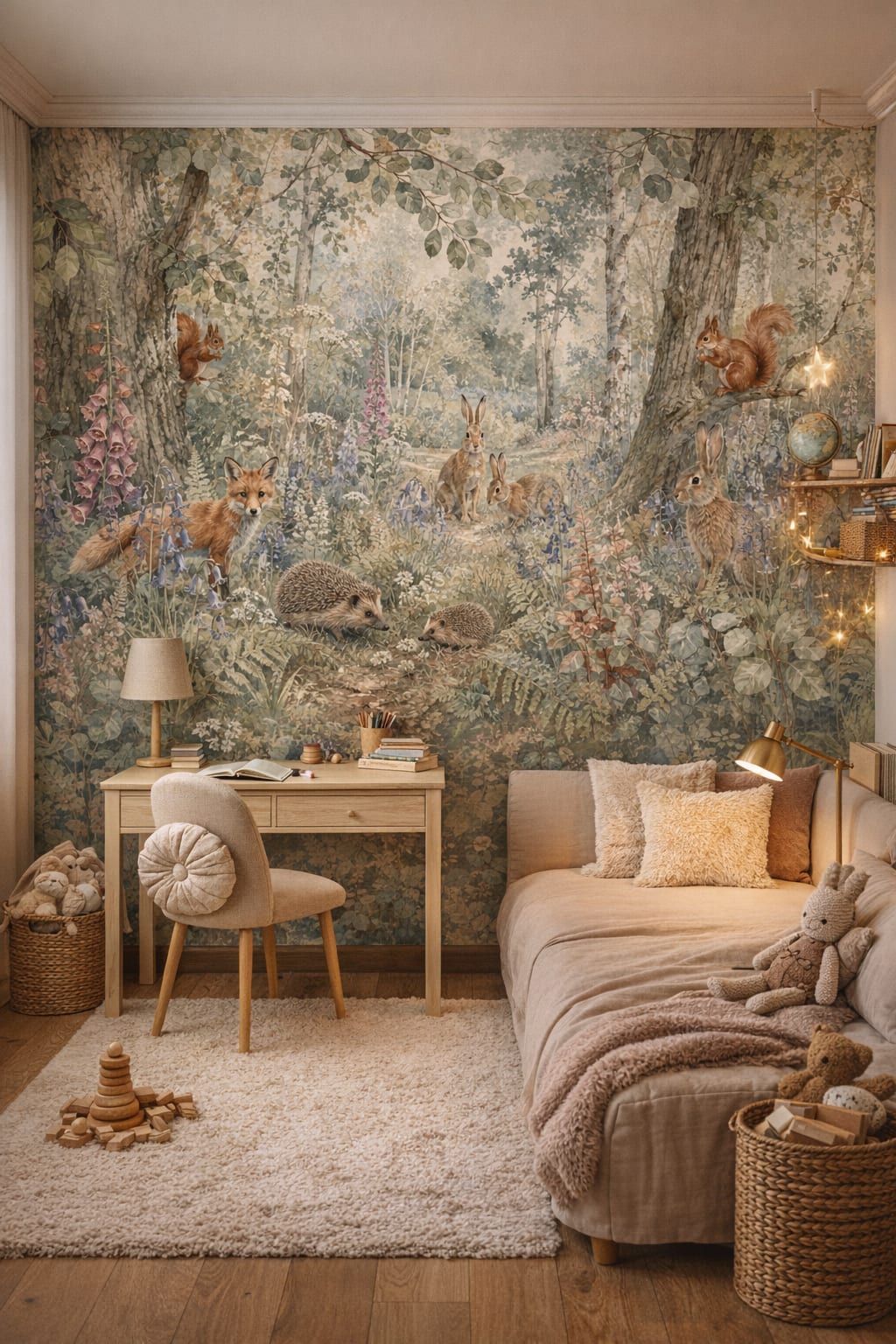 Whimsical Boho sage woodland animals featuring wildflowers - Wall Mural Peel and Stick Wallpaper for Whimsical Boho Homework / Study Corner.