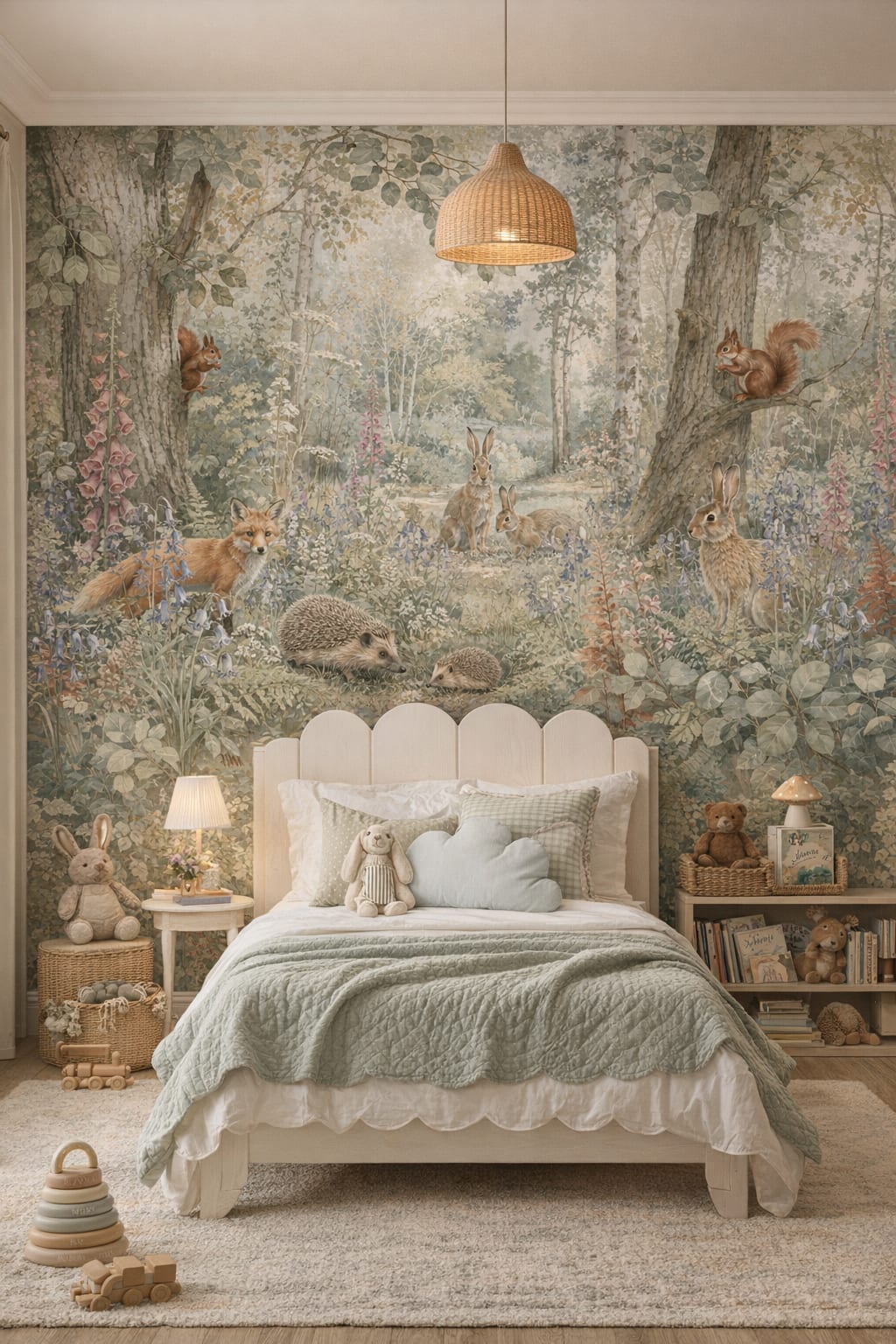 Garden green, rose woodland animals featuring wildflowers - Wall Mural Peel and Stick Wallpaper for English Garden Nursery Kids Bedroom.