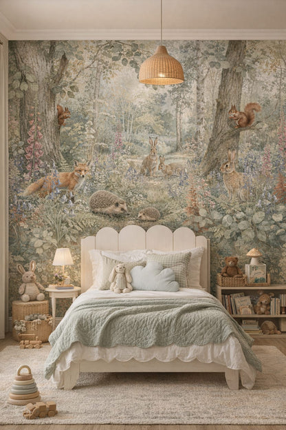 Garden green, rose woodland animals featuring wildflowers - Wall Mural Peel and Stick Wallpaper for English Garden Nursery Kids Bedroom.