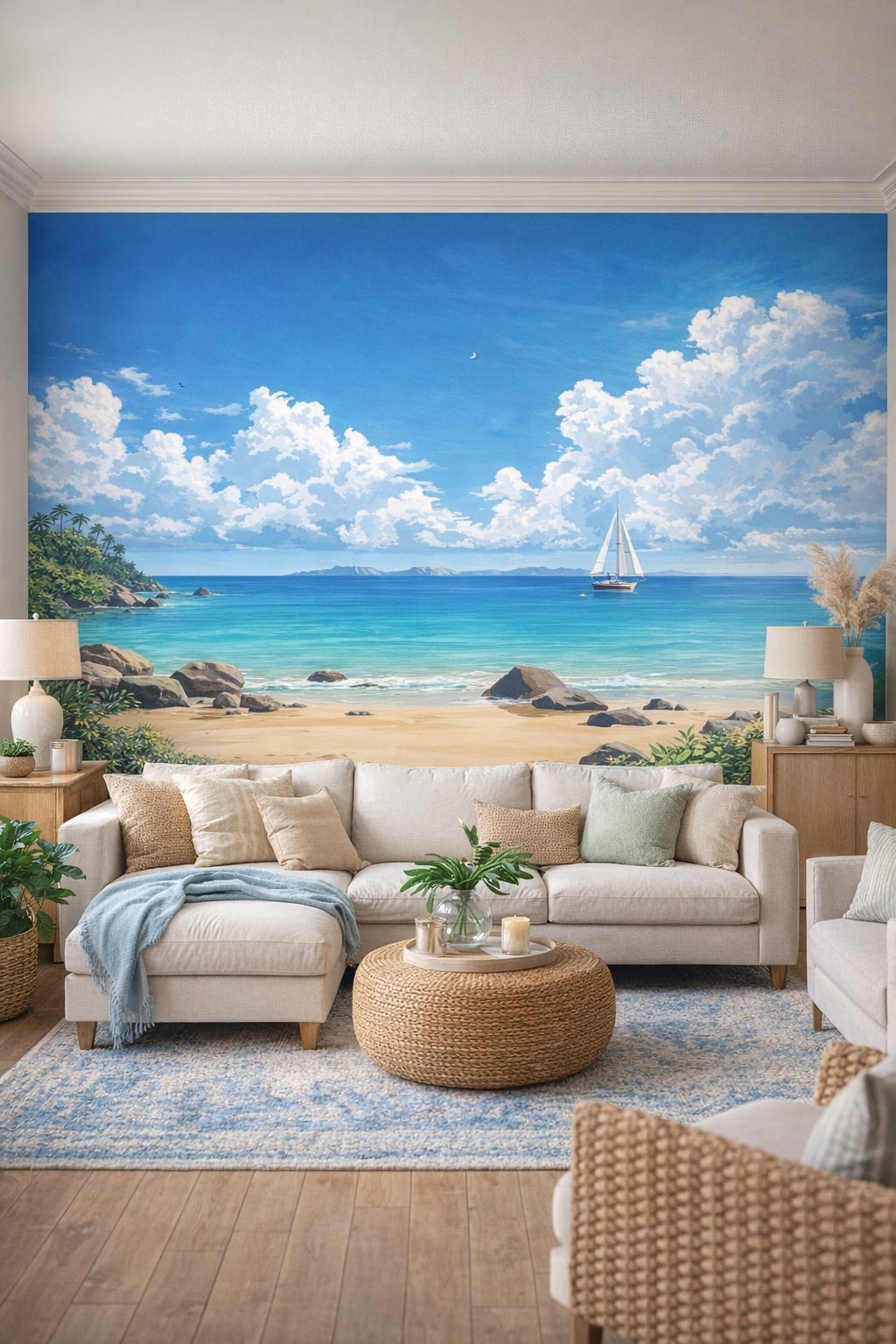 Coastal blue-and-white ocean view featuring a sailboat - Wall Mural Peel and Stick Wallpaper for Coastal Living Room.