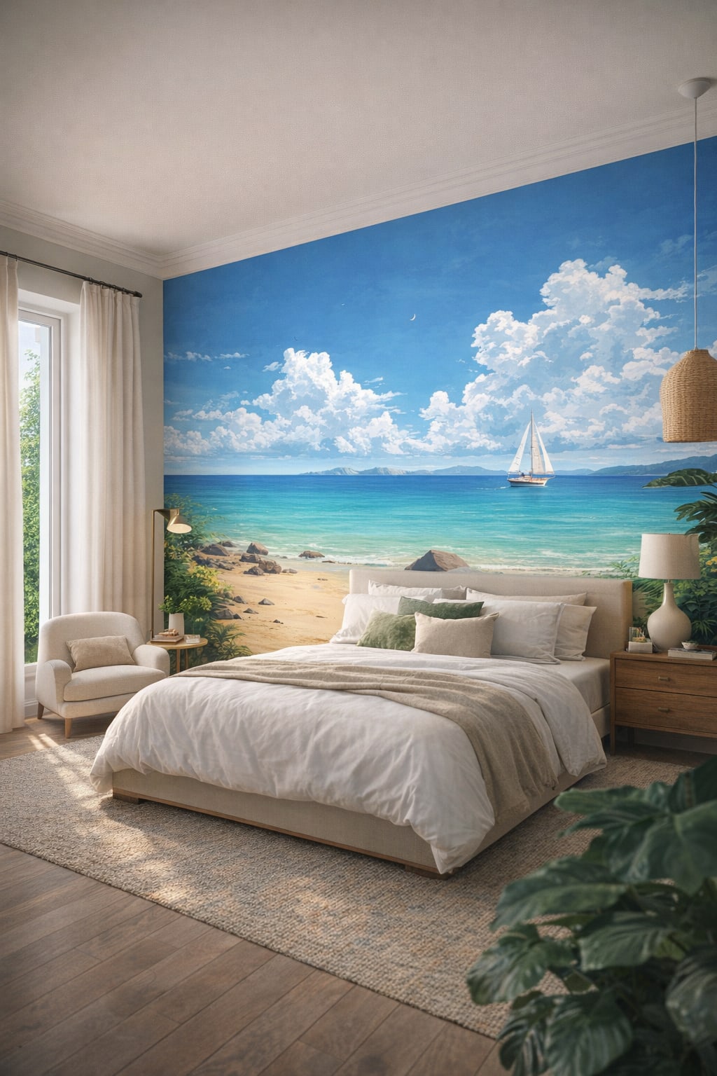 Mediterranean Modern blue-and-white ocean view featuring sailboat - Wall Mural Peel and Stick Wallpaper for Mediterranean Modern Master Bedroom.