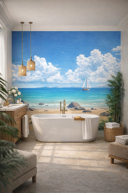 Resort Style sand-white ocean view featuring sailboat - Wall Mural Peel and Stick Wallpaper for Resort Style Luxury Bathroom.