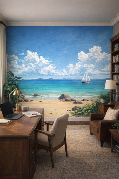 Organic Modern cream-sand ocean view featuring sailboat - Wall Mural Peel and Stick Wallpaper for Organic Modern Executive Home Office.