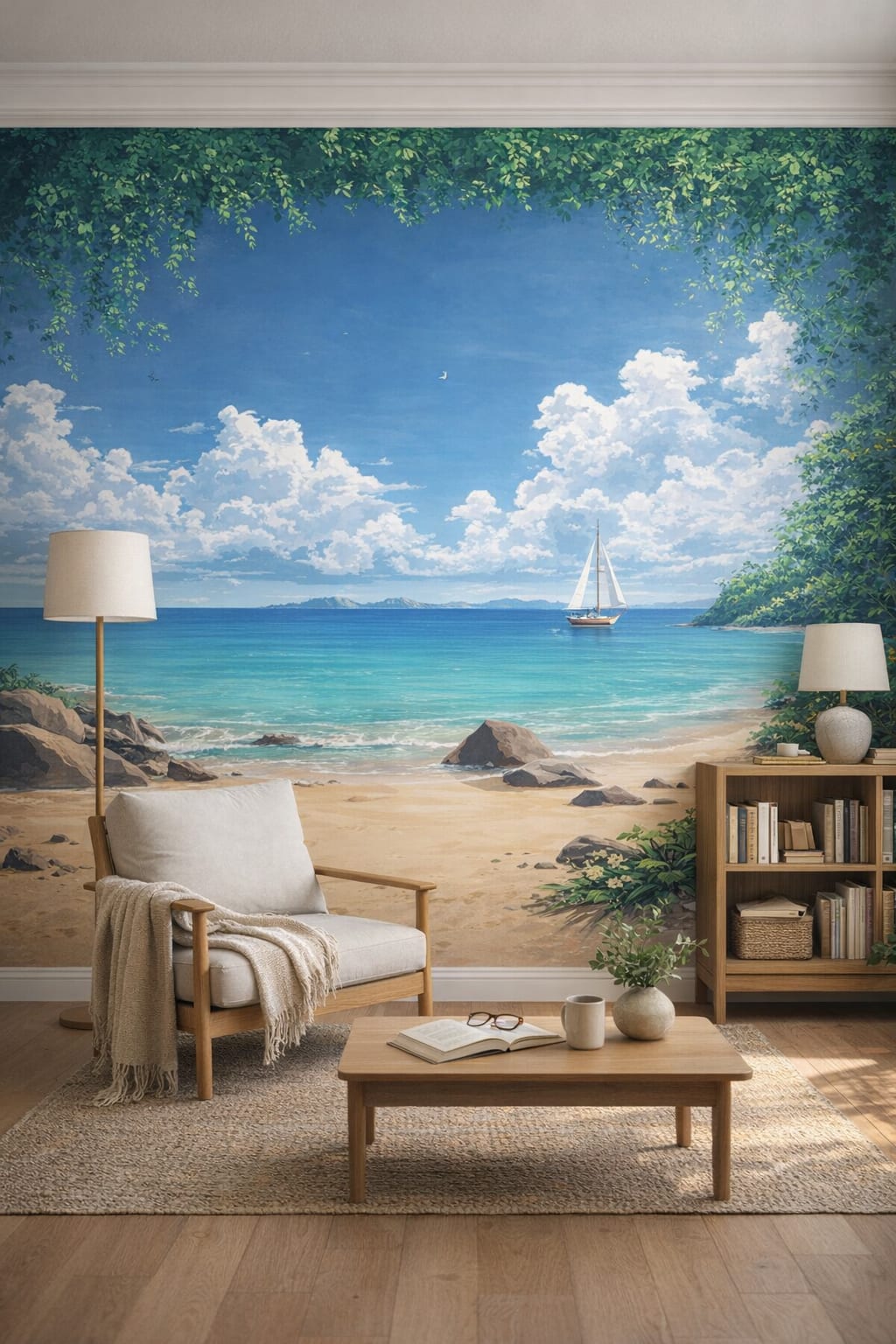 Sand-toned Japandi ocean view featuring sailboat - Wall Mural Peel and Stick Wallpaper for Japandi Reading Corner.