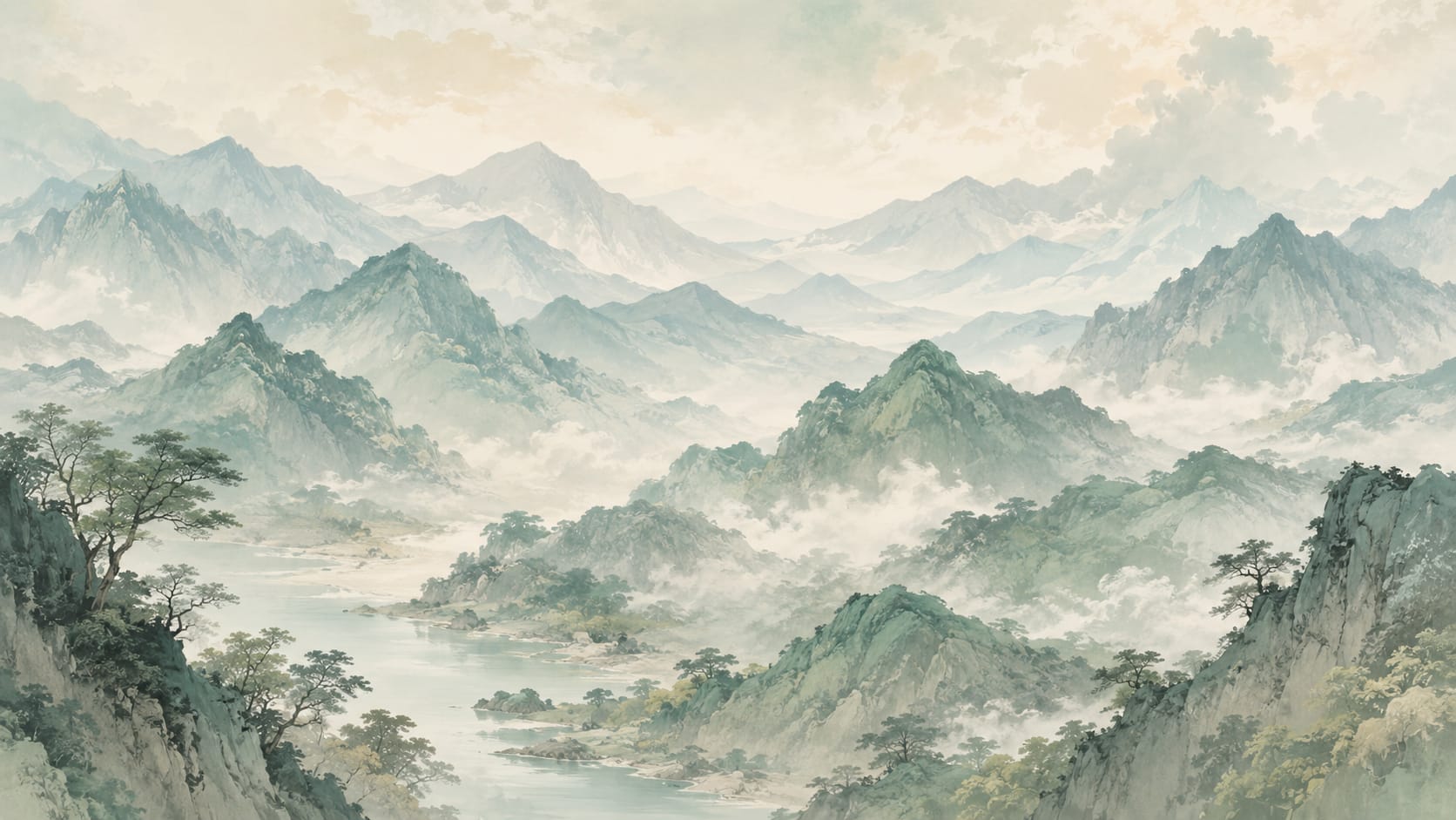 Ethereal panoramic Sage Green mountain landscape featuring river, mist, and pine trees - Wall Mural & Peel and Stick Wallpaper for Painterly Interiors and Premium Home Styling