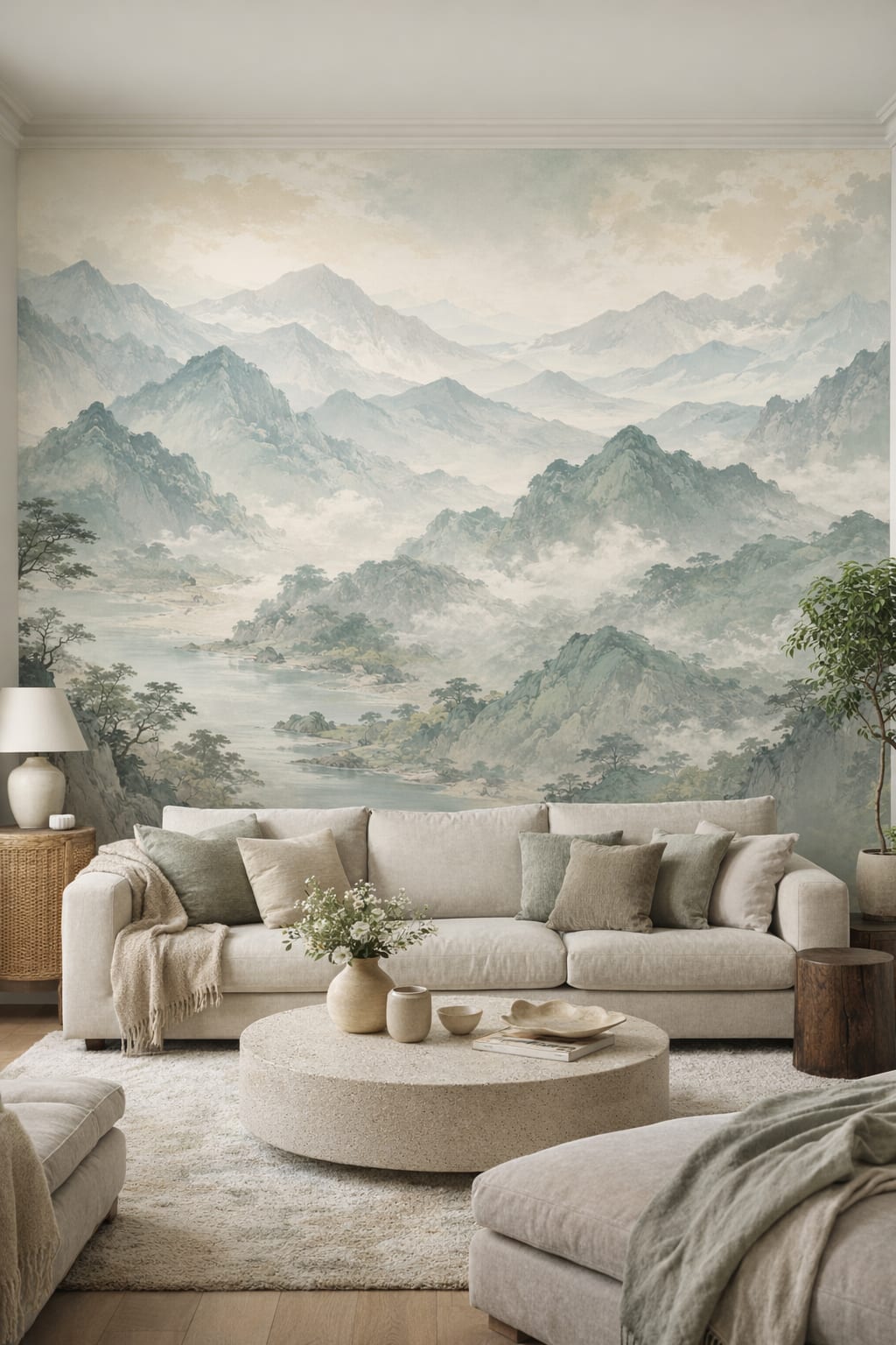 Organic Modern cream-toned mountain landscape featuring river - Wall Mural Peel and Stick Wallpaper for Organic Modern Living Room.