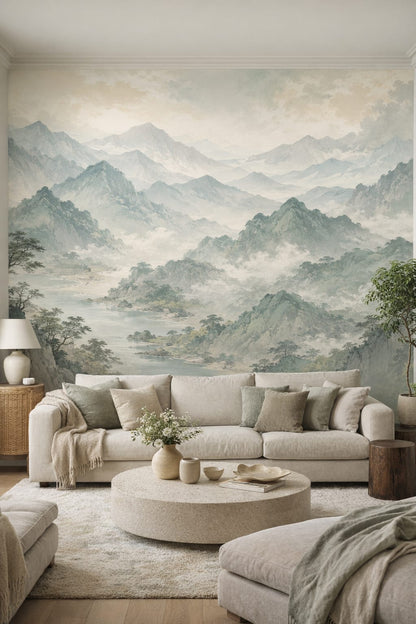 Organic Modern cream-toned mountain landscape featuring river - Wall Mural Peel and Stick Wallpaper for Organic Modern Living Room.