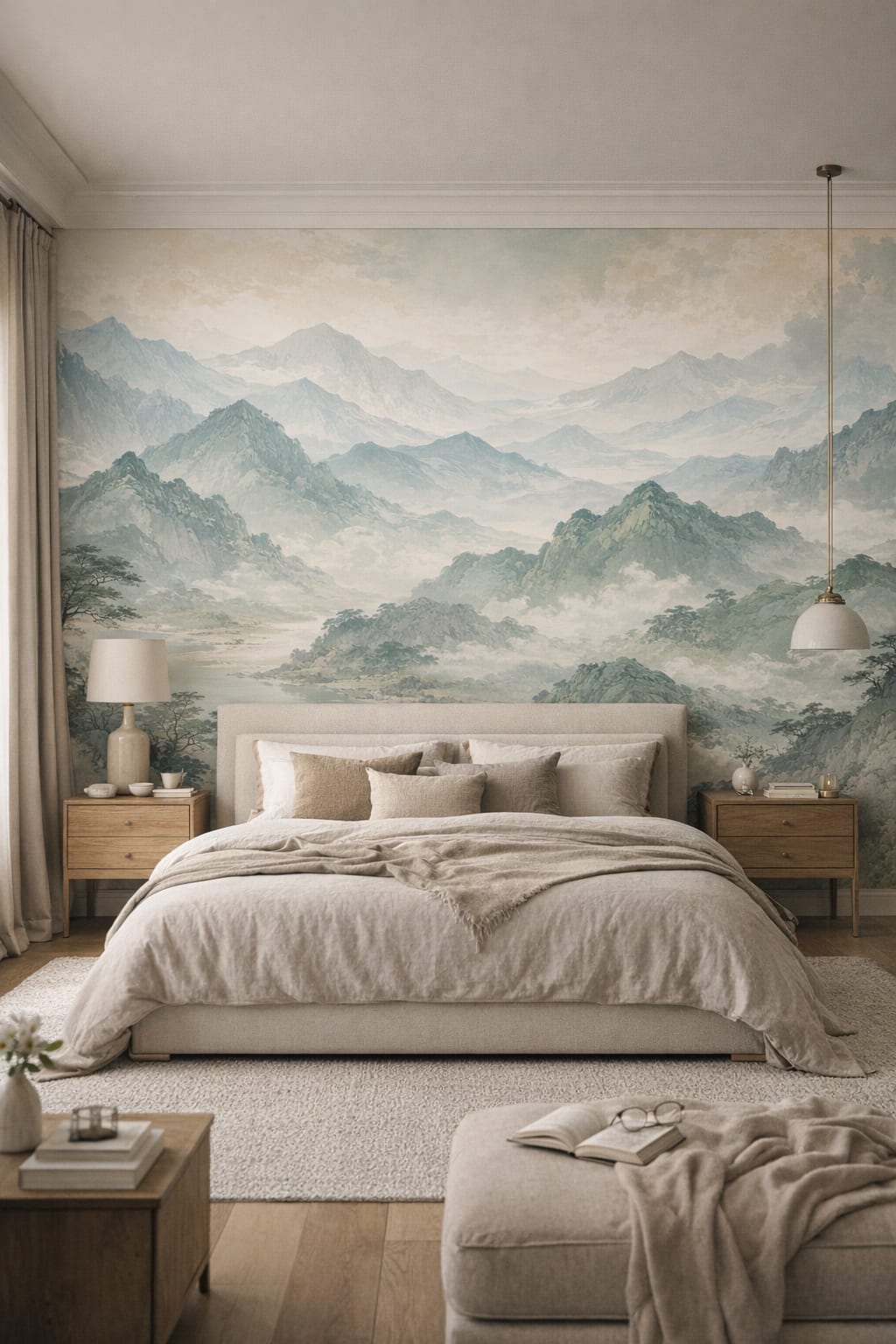Greige Quiet Luxury mountain landscape featuring mist - Wall Mural Peel and Stick Wallpaper for Quiet Luxury Master Bedroom.