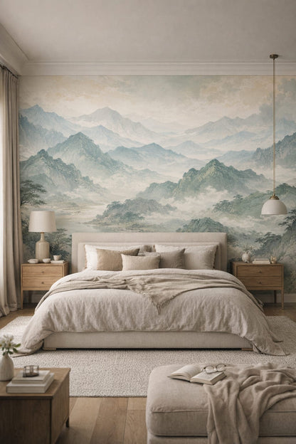 Greige Quiet Luxury mountain landscape featuring mist - Wall Mural Peel and Stick Wallpaper for Quiet Luxury Master Bedroom.