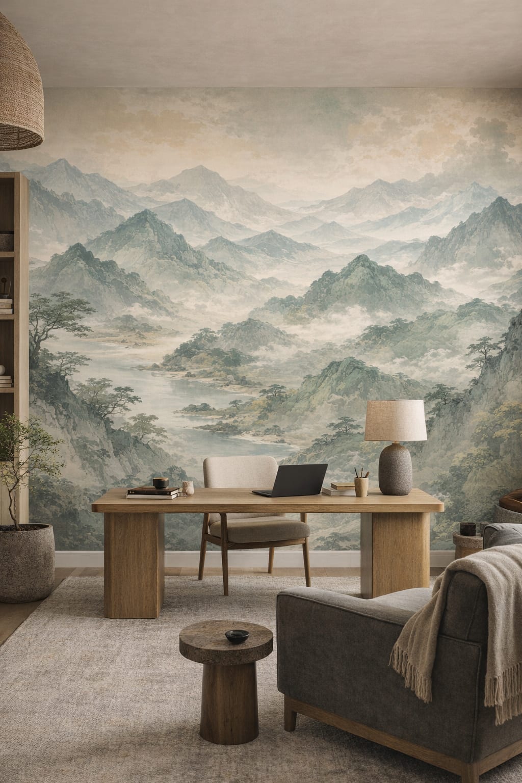 Wabi-sabi muted-earth mountain landscape featuring river - Wall Mural Peel and Stick Wallpaper for Wabi-sabi Executive Home Office.