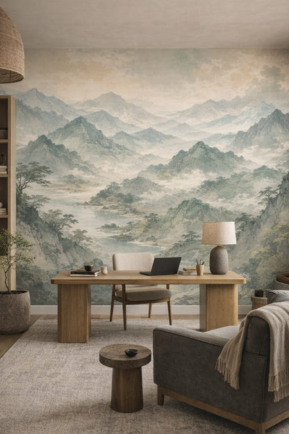 Wabi-sabi muted-earth mountain landscape featuring river - Wall Mural Peel and Stick Wallpaper for Wabi-sabi Executive Home Office.