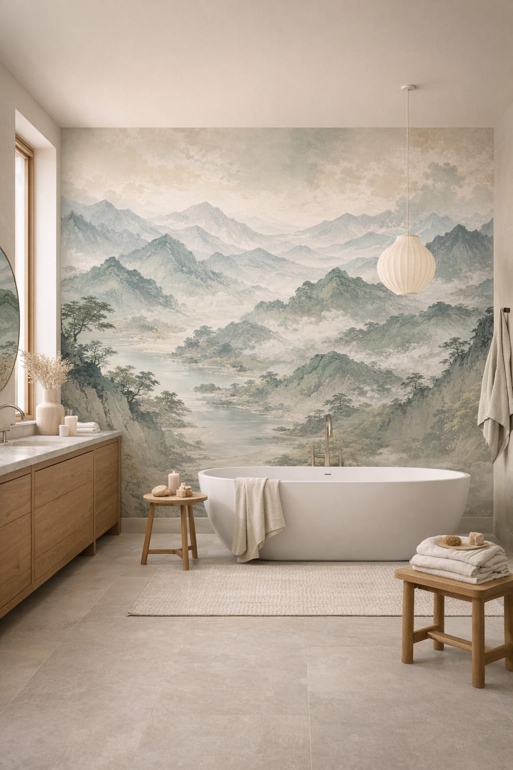 Scandinavian gray mountain landscape featuring river - Wall Mural Peel and Stick Wallpaper for Scandinavian Luxury Bathroom.