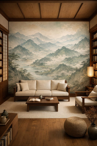 Neutral Japanese mountain landscape featuring river - Wall Mural Peel and Stick Wallpaper for Traditional Japanese Home Library.
