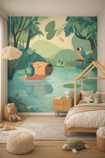 Scandi Kids white-gray cute jungle animals featuring capybara - Wall Mural Peel and Stick Wallpaper for Scandi Kids Kids Bedroom.