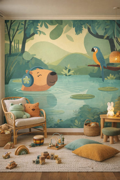 Whimsical Boho sage - cute jungle animals featuring capybara - Wall Mural Peel and Stick Wallpaper for Whimsical Boho Playroom.