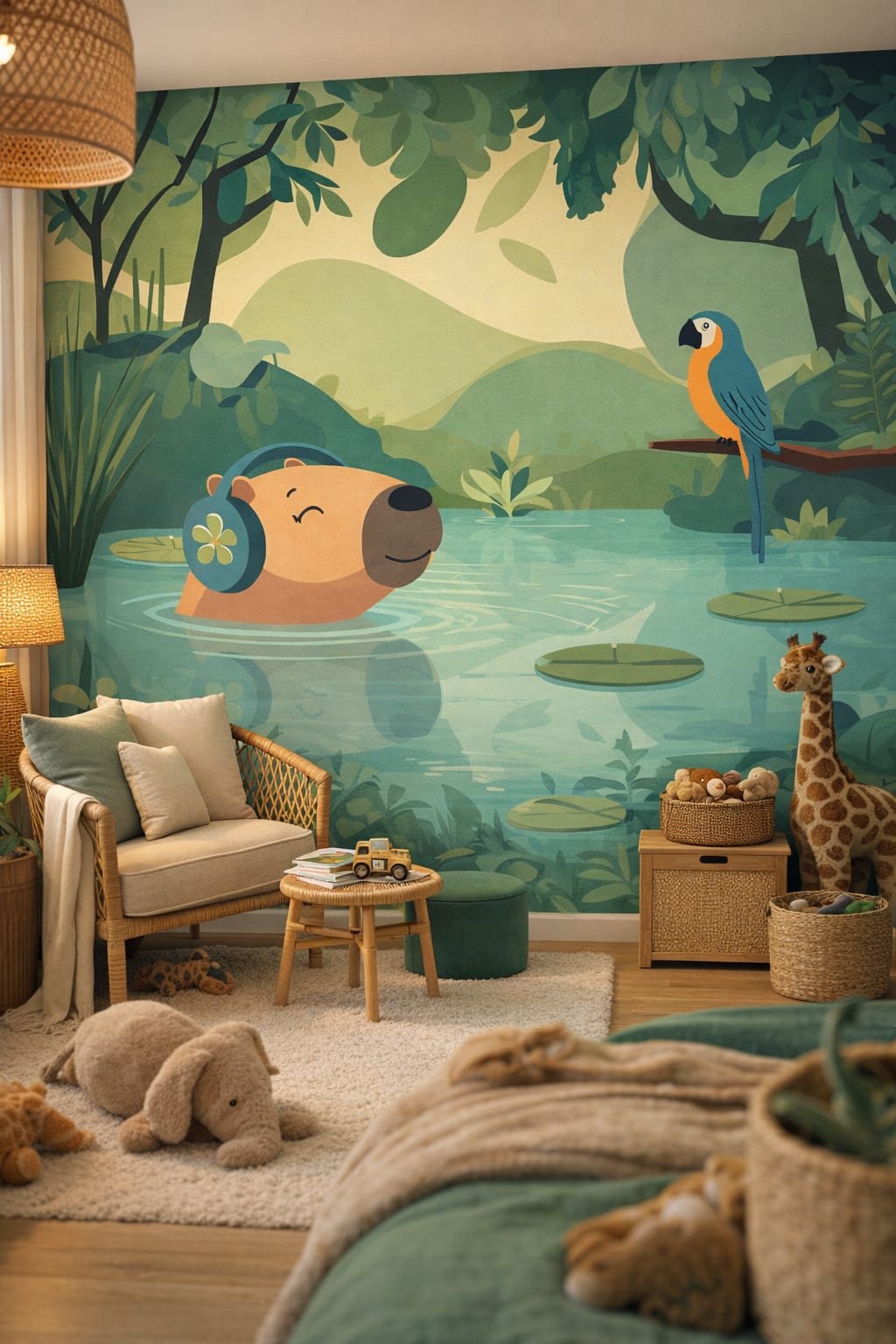 Modern Safari olive - cute jungle animals featuring capybara - Wall Mural Peel and Stick Wallpaper for Modern Safari Reading Corner.