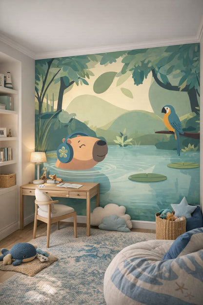 Coastal Kids sky-blue cute jungle animals featuring capybara - Wall Mural Peel and Stick Wallpaper for Coastal Kids Homework / Study Corner.