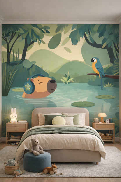 Gender-Neutral Contemporary mint-toned cute jungle animals featuring capybara - Wall Mural Peel and Stick Wallpaper for Gender-Neutral Contemporary Kids Bedroom.