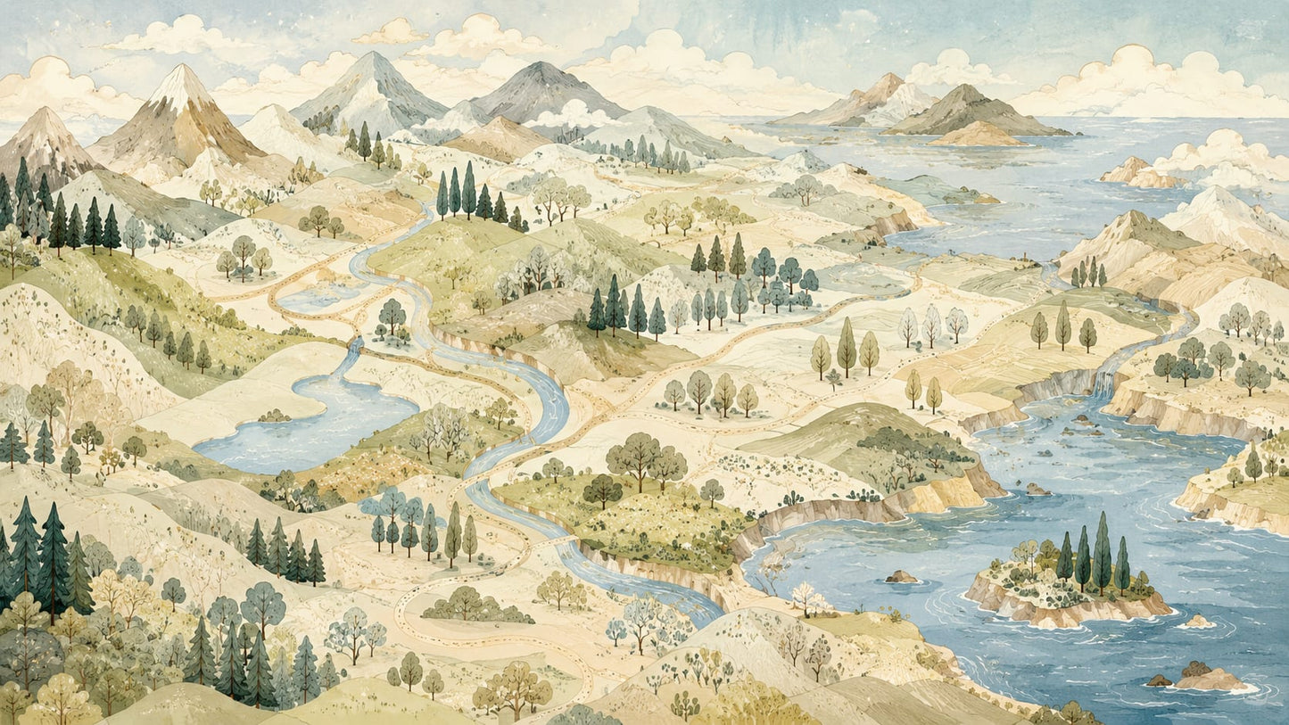 Serene illustrated Cream mountain landscape featuring winding rivers and coastal islands - Wall Mural & Peel and Stick Wallpaper for Illustrated Interiors and Premium Home Styling
