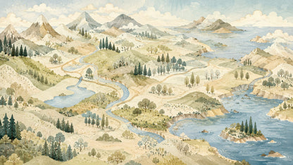 Serene illustrated Cream mountain landscape featuring winding rivers and coastal islands - Wall Mural & Peel and Stick Wallpaper for Illustrated Interiors and Premium Home Styling