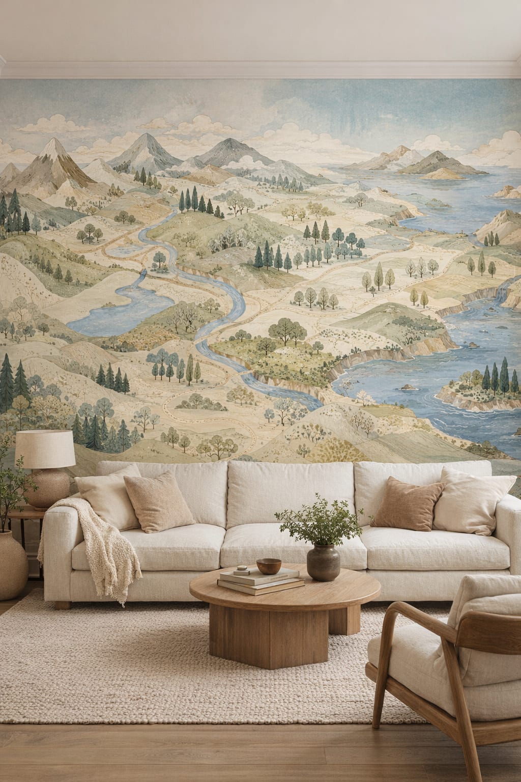 Organic Modern cream mountain landscape featuring winding rivers - Wall Mural Peel and Stick Wallpaper for Organic Modern Living Room.