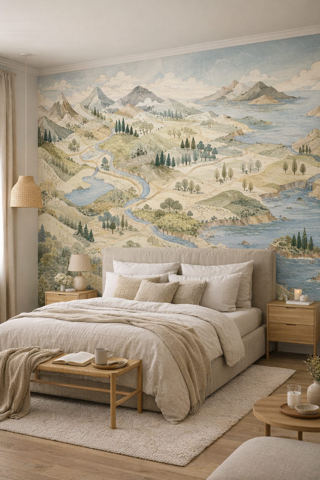 Scandinavian white mountain landscape featuring winding rivers - Wall Mural Peel and Stick Wallpaper for Scandinavian Master Bedroom.