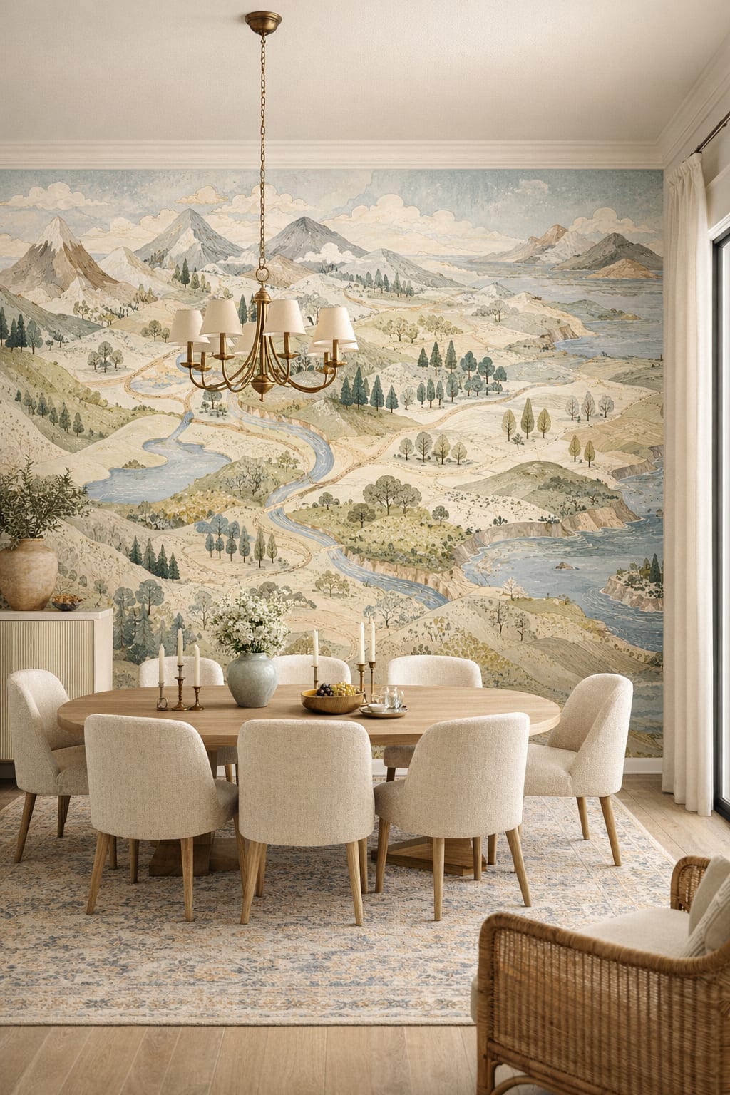 Mediterranean Modern white-sand mountain landscape featuring winding rivers - Wall Mural Peel and Stick Wallpaper for Mediterranean Modern Formal Dining Room.
