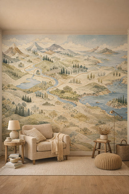 Wabi-sabi muted earth-tone mountain landscape featuring winding rivers - Wall Mural Peel and Stick Wallpaper for Wabi-sabi Reading Corner.