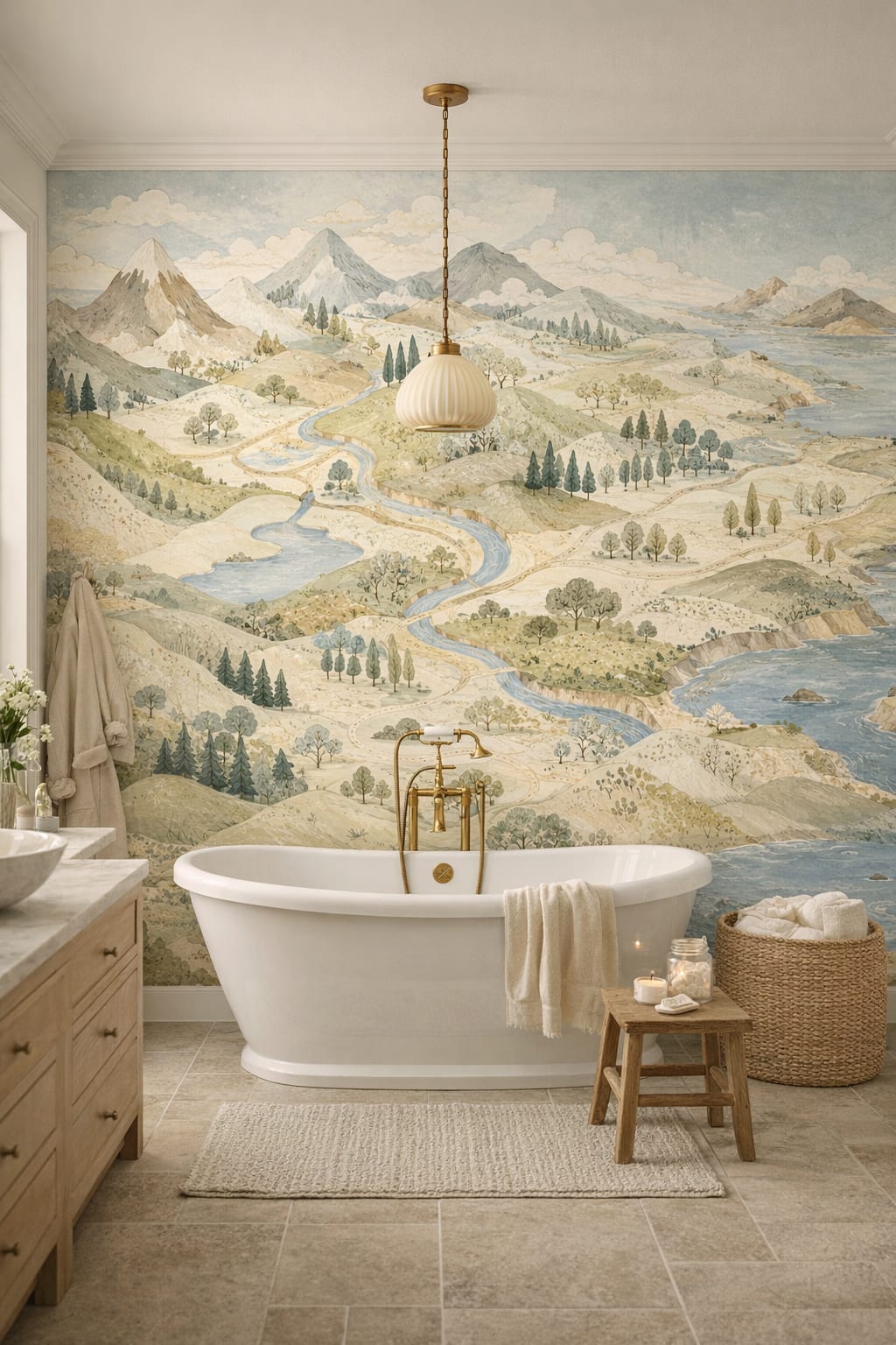 Off-white navy mountain landscape featuring winding rivers - Wall Mural Peel and Stick Wallpaper for Coastal Grandma Luxury Bathroom.