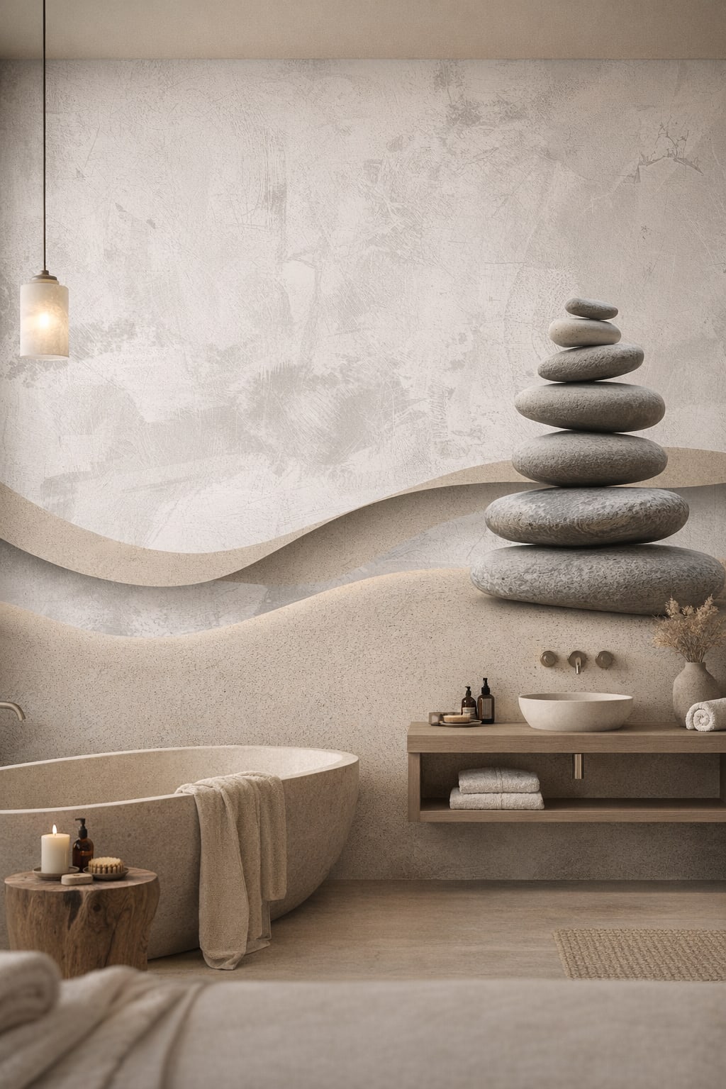 Zen neutral stacked stones featuring sand dunes - Wall Mural Peel and Stick Wallpaper for Zen Luxury Bathroom.