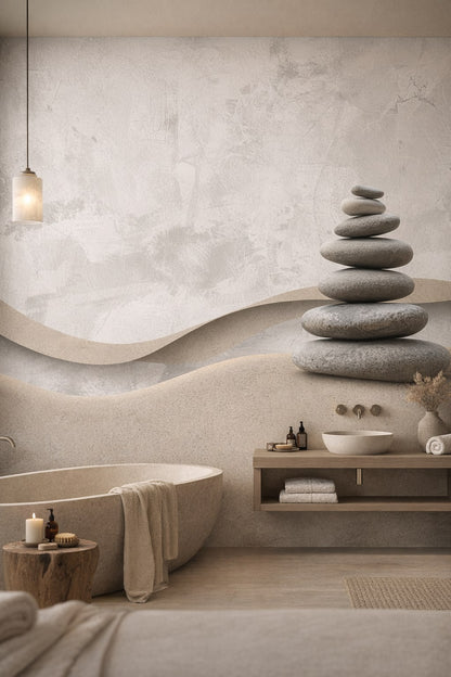 Zen neutral stacked stones featuring sand dunes - Wall Mural Peel and Stick Wallpaper for Zen Luxury Bathroom.