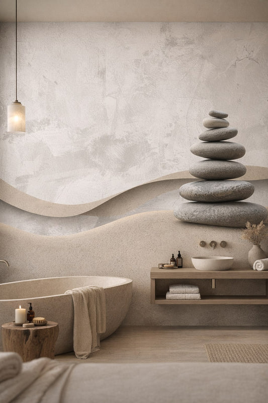 Zen neutral stacked stones featuring sand dunes - Wall Mural Peel and Stick Wallpaper for Zen Luxury Bathroom.