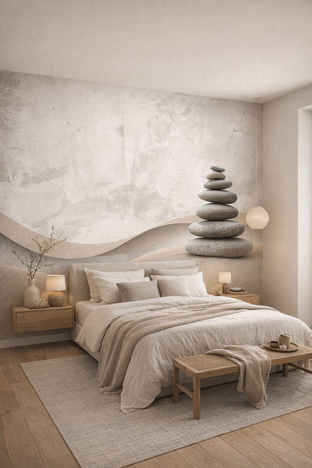 Sand-toned Japandi stacked stones featuring sand dunes - Wall Mural Peel and Stick Wallpaper for Japandi Master Bedroom.