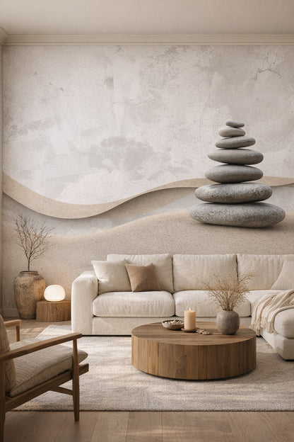 Wabi-sabi muted-earth stacked stones featuring sand dunes - Wall Mural Peel and Stick Wallpaper for Wabi-sabi Living Room.