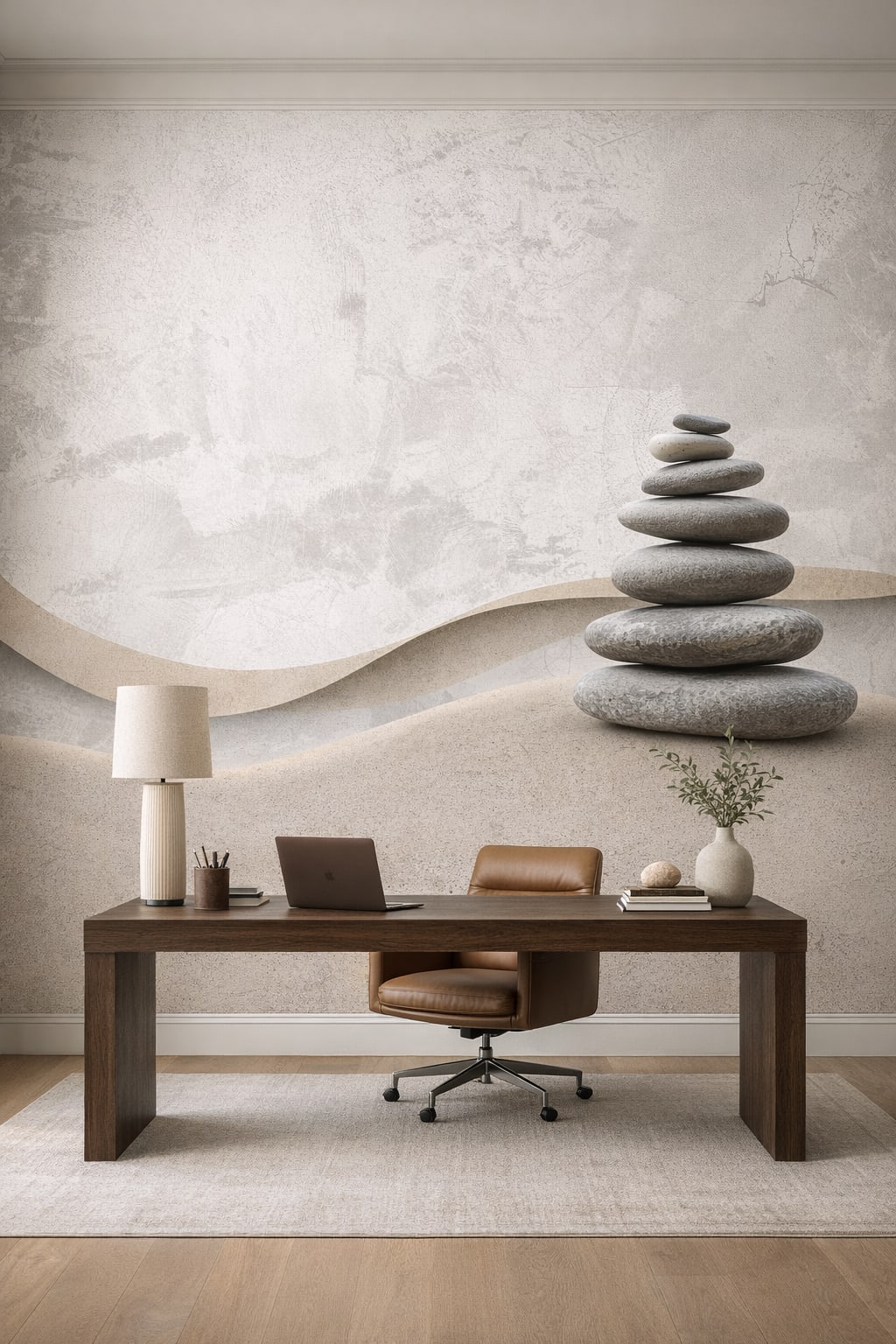 Minimalist neutral stacked stones featuring sand dunes - Wall Mural Peel and Stick Wallpaper for Minimalist Executive Home Office.