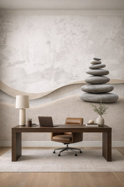 Minimalist neutral stacked stones featuring sand dunes - Wall Mural Peel and Stick Wallpaper for Minimalist Executive Home Office.