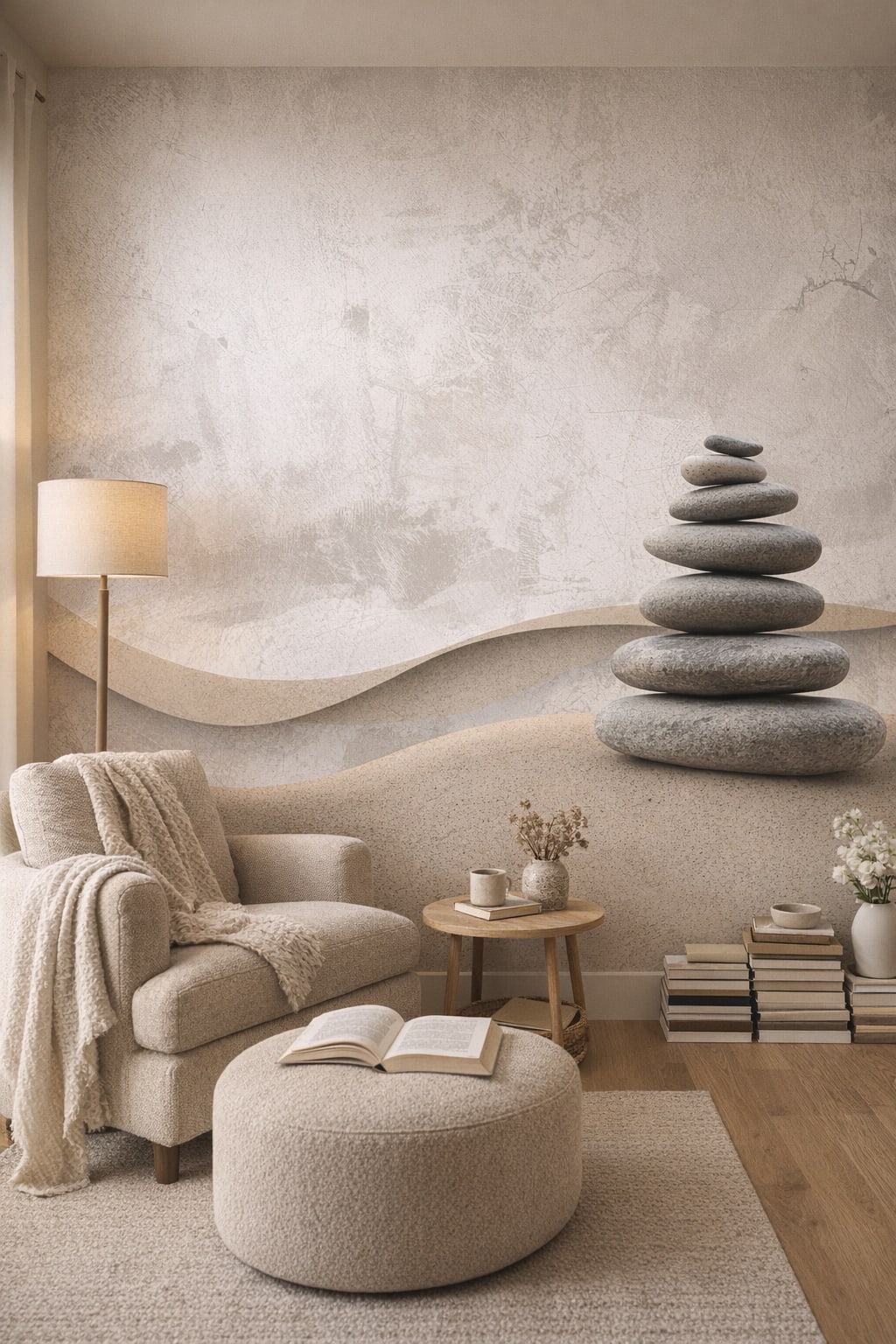 Cream organic modern stacked stones featuring sand dunes - Wall Mural Peel and Stick Wallpaper for Organic Modern Reading Nook.