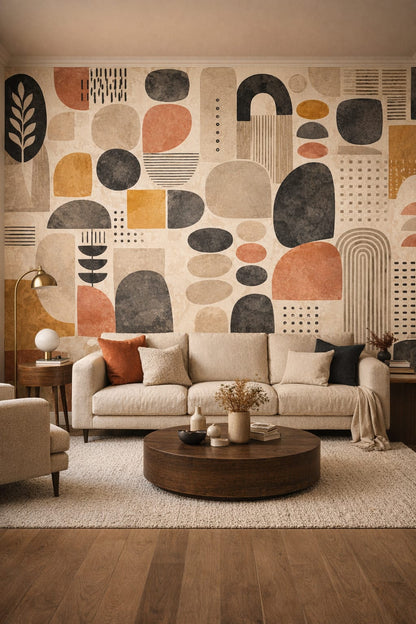Mustard olive geometric blocks featuring arch shapes - Wall Mural Peel and Stick Wallpaper for Mid-century Modern Living Room.