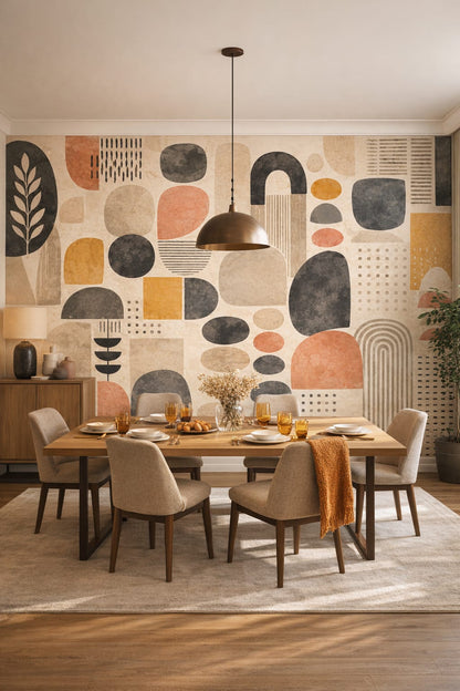 Contemporary neutral geometric blocks featuring arch shapes - Wall Mural Peel and Stick Wallpaper for Contemporary Formal Dining Room.