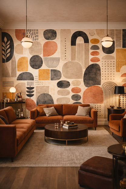 Art Deco black-and-gold geometric blocks featuring arch shapes - Wall Mural Peel and Stick Wallpaper for Art Deco Bar/Lounge.