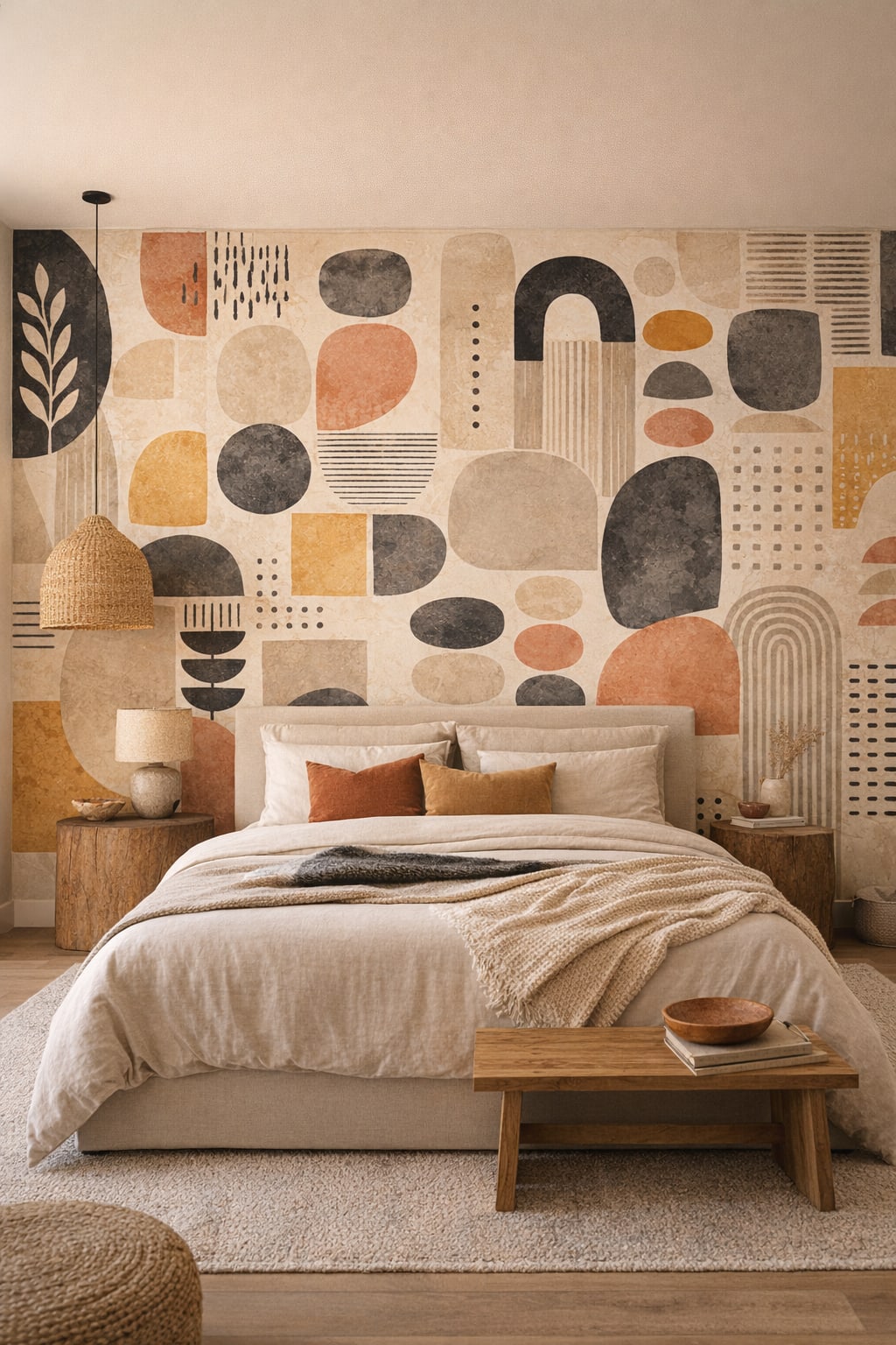 Desert Modern sand-toned geometric blocks featuring arch shapes - Wall Mural Peel and Stick Wallpaper for Desert Modern Master Bedroom.