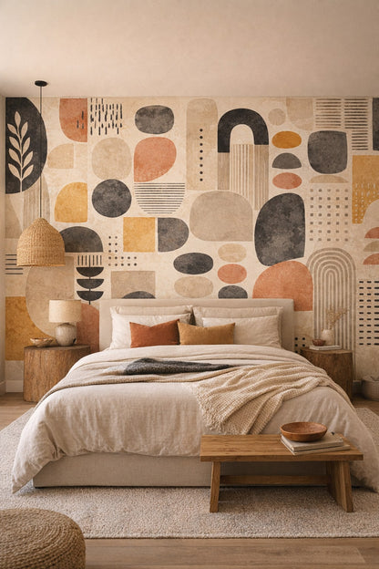 Desert Modern sand-toned geometric blocks featuring arch shapes - Wall Mural Peel and Stick Wallpaper for Desert Modern Master Bedroom.