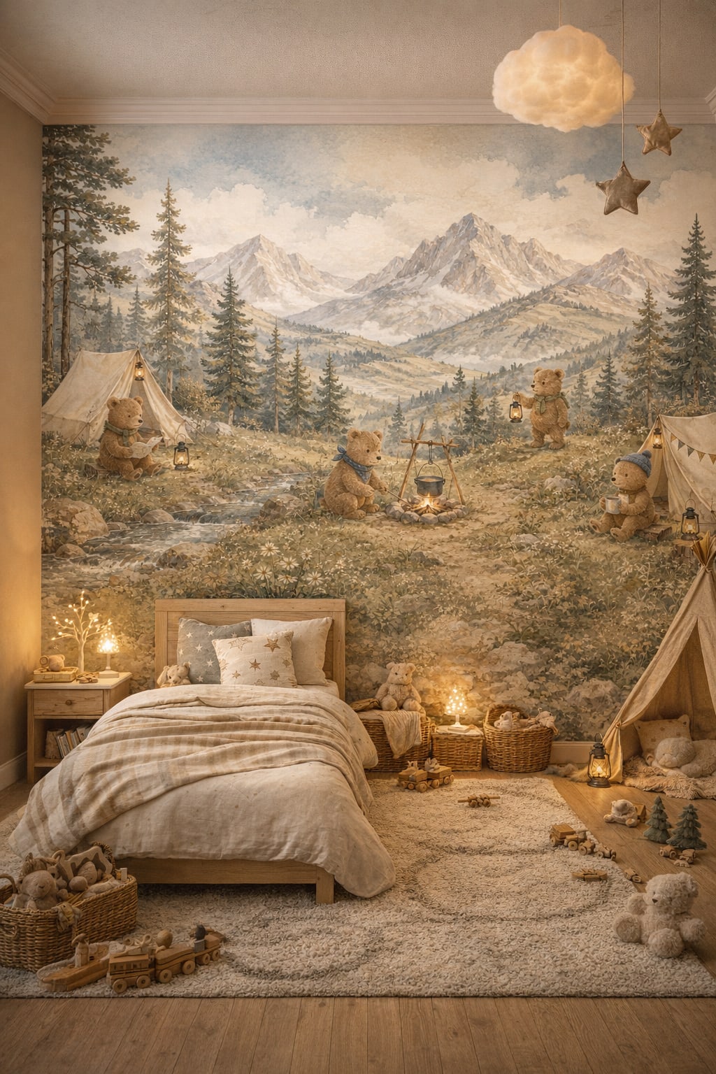Woodland forest, moss green teddy bears featuring mountain landscape - Wall Mural Peel and Stick Wallpaper for Woodland / Forest Kids Bedroom.