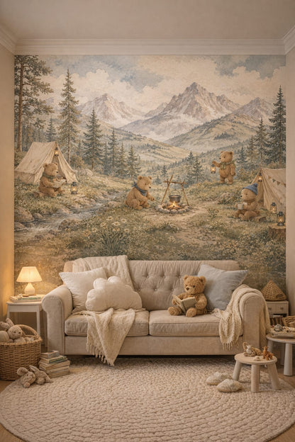 Dusty rose Classic Storybook teddy bears featuring mountain landscape - Wall Mural Peel and Stick Wallpaper for Classic Storybook Reading Corner.
