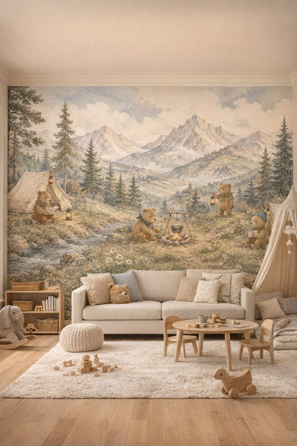Scandi Kids white teddy bears featuring mountain landscape - Wall Mural Peel and Stick Wallpaper for Scandi Kids Playroom.