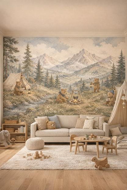 Scandi Kids white teddy bears featuring mountain landscape - Wall Mural Peel and Stick Wallpaper for Scandi Kids Playroom.